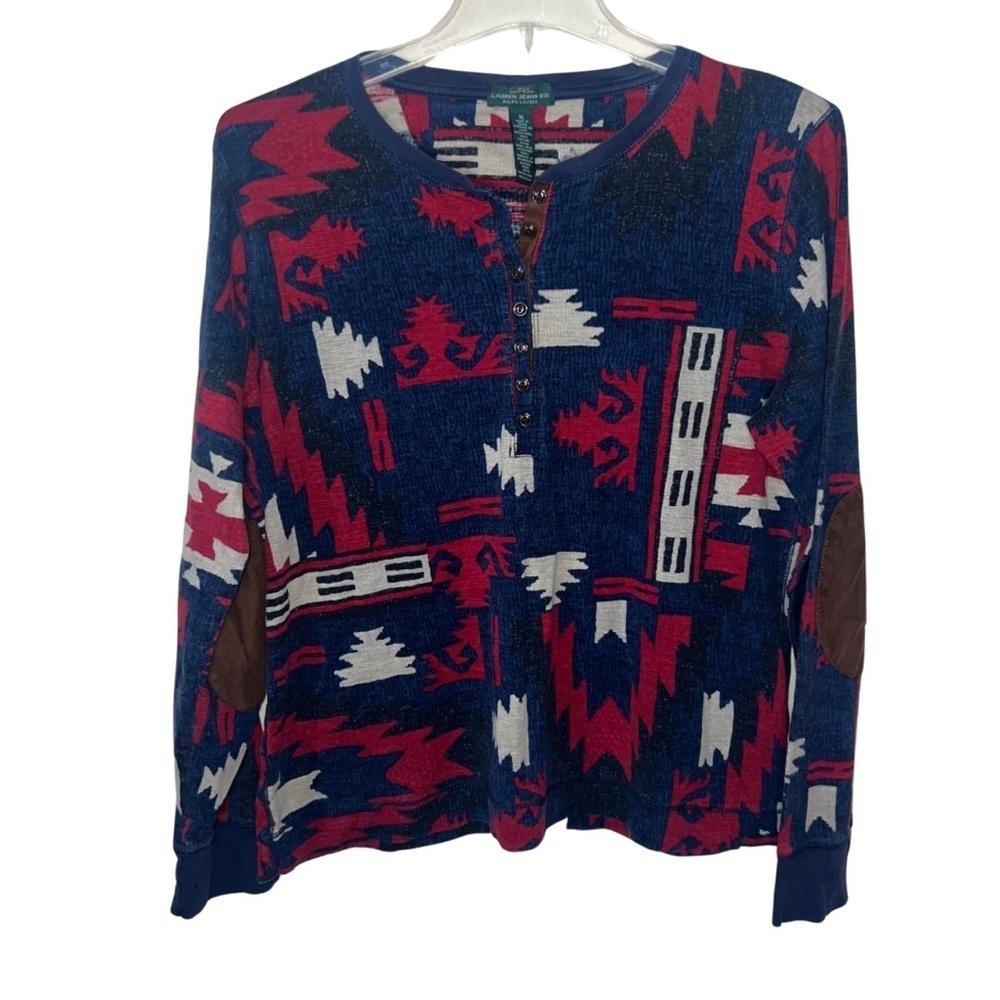 Lauren Ralph Lauren Aztec Western Print Patch Elbow Cotton Shirt Size XL